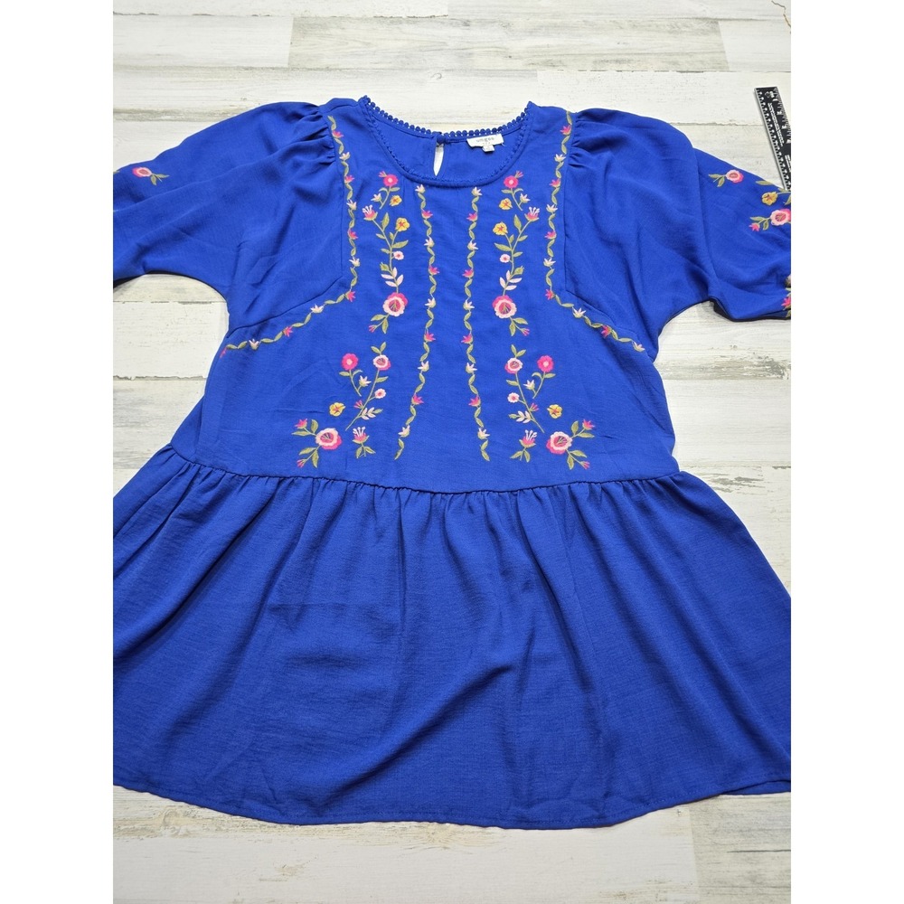 Umgee‎ Womens Royal Blue Floral Embroidered Babydoll Peplum Top G1415 Small
